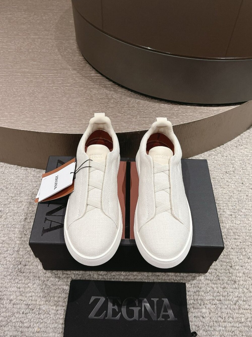 ZEGNA Triple Stitch Knit Slip On Sneakers Off White Beige